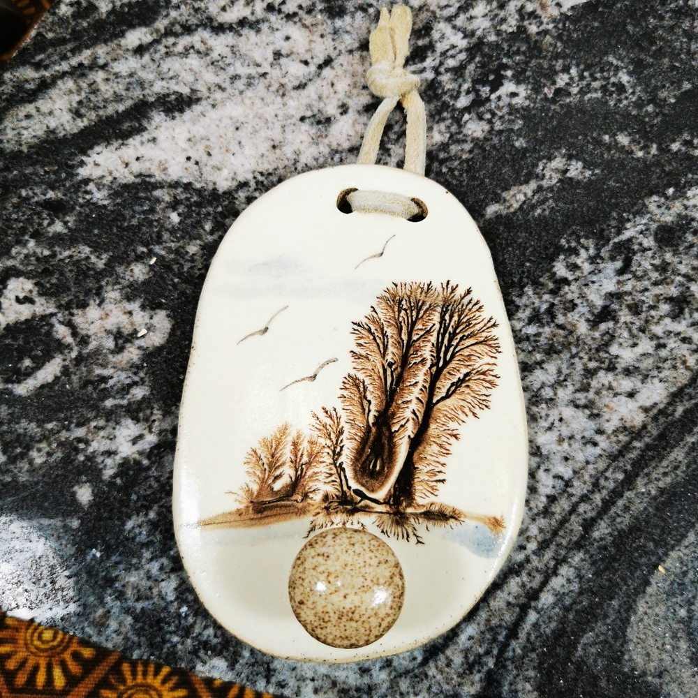 Vintage Irregular Oval Art Pottery Wall Hook with Trees and Birds in Flight